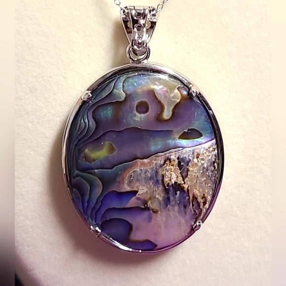Blue Turquoise Rhodium Over Sterling Silver Pendant with  Abalone Shell Turquoise & Topaz Rhodium Over Sterling Silver REVERSIBLE Necklace